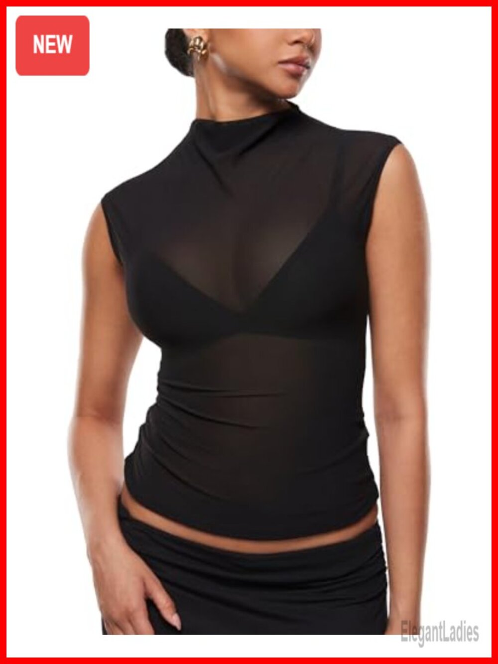 Women's Mesh Mock Neck Tank Top Sheer Sleeveless Slim Fit Blouse